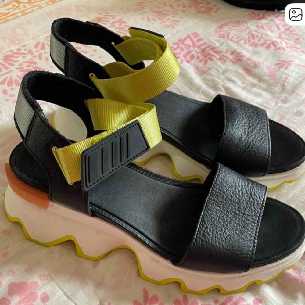 Sorel Black Sandals with Yellow Straps